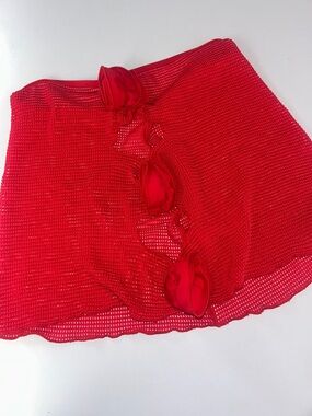 Ribbed Mesh swim coverup skirt fabric floral side Red M